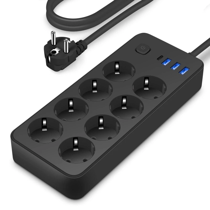 4 USB पोर्टसह EU मानक पॉवर स्ट्रिप 8 AC